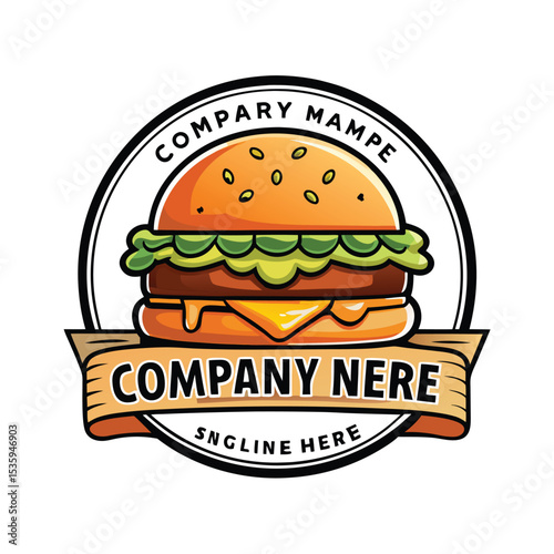 Cartoon burger logo with company name and tagline