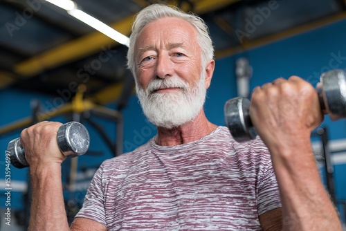 Senior Man Weightlifting Fitness Exercise Gym Workout Healthy Lifestyle Strong Active Elderly Person Strength Training Dumbbells Active Aging old beard power older adult image     