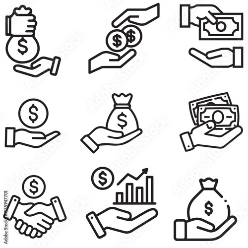 Collection of line art icons depicting money transactions and financial interactions. Features hands exchanging cash and coins, receiving money, holding a money bag, and a handshake. Perfect for illus