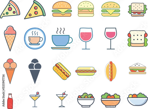 Food & Drink Icon Set: Pizza Slice, Hamburger, Coffee Cup, Wine Glass, Ice Cream, Hot Dog, Sandwich, Soda, Cocktail, Salad, Food and Drink Icons

