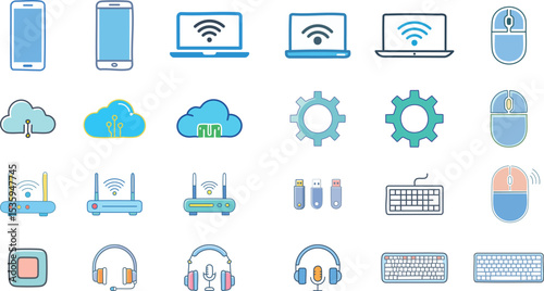 Technology Icon Set: Smartphone, Laptop, Computer Mouse, Gear, Cloud, Wi-Fi Router, USB Drive, Keyboard, App Icon, Headphones, Tech Icons, Digital Devices

