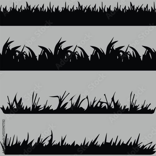 A set of four distinct seamless black grass silhouettes on a light grey background. Each silhouette depicts a different style of grass, ranging from dense and uniform to more varied and wild, showcasi