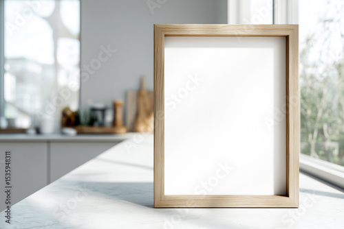 Wooden picture frame with blank white space resting on a marble kitchen counter, surrounded by soft daylight from nearby windows