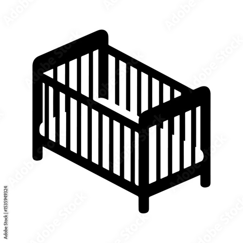 Black and white isometric crib vector illustration, baby cot icon design.