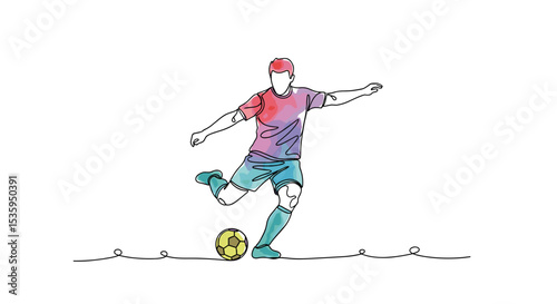 Football player kicking ball one line doodle drawing with watercolor fill, minimalistic vector illustration on white background
