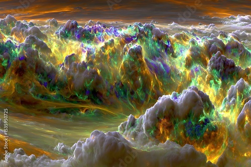 Colorful, abstract landscape of swirling, textured clouds.