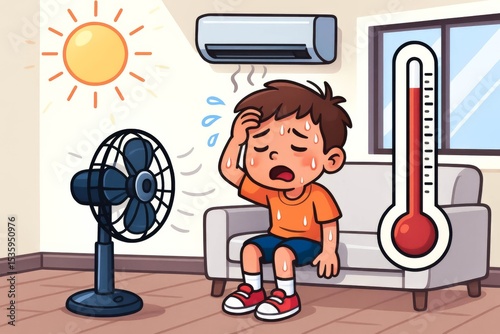 Young boy sitting on couch, sweating and feeling hot, surrounded by air conditioning unit, fan, and thermometer, depicting summer heat