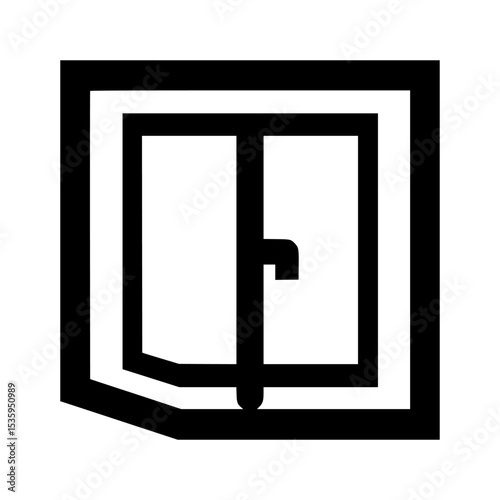 Black and white graphic of an open window with a handle, simple design.