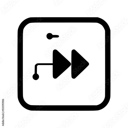 A black and white icon depicts a forward button symbol within a square frame.