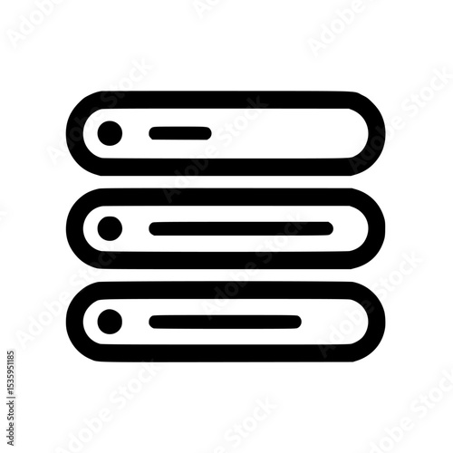 Simple black and white icon depicting three horizontal server units, each with a dot and line.