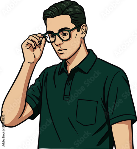 Young man adjusting glasses wearing dark green polo shirt vector illustration 