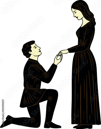 Romantic couple engagement proposal man kneeling woman in black dress vector illustration 