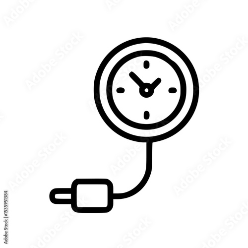 Black and white line drawing of a clock connected to a rectangular plug by a short cable.