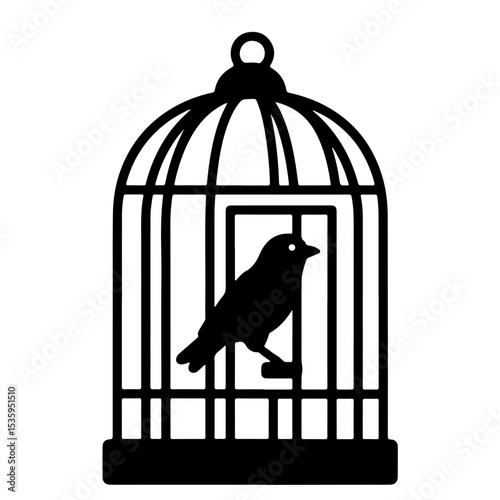 Black and White Bird in Cage Illustration, Vector Design Element