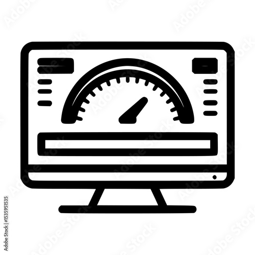 Computer monitor displaying a speedometer and performance metrics.