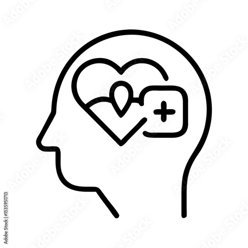 Line art illustration of a head with health symbols inside  