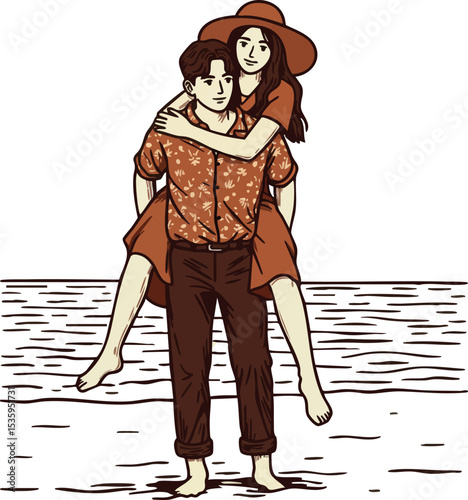 Young couple enjoying piggyback ride on beach in warm brown and orange tones 