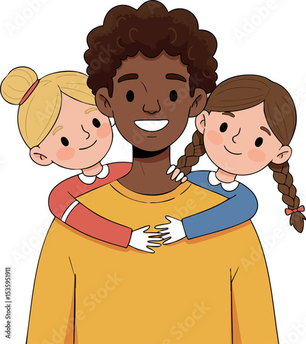 Father with two daughters hugging from behind happy family moment vector illustration 