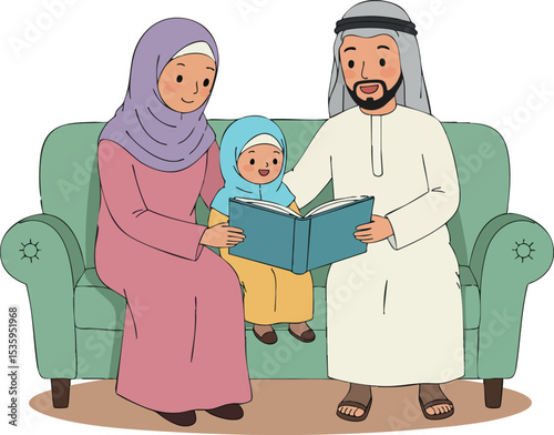 Middle Eastern Family Reading Book Together on Sofa with Child Wearing Hijab and Thobe 