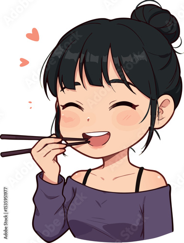 Young woman eating with chopsticks enjoying food happy and cheerful expression vector illustration 