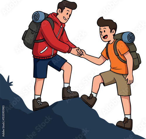 Two hikers helping each other climb mountain outdoors with backpacks and hiking gear 