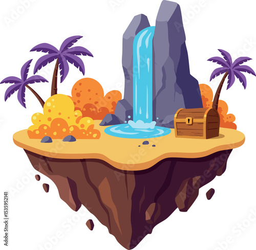 Tropical island with waterfall palm trees treasure chest colorful bushes vector illustration 