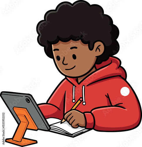 Young person studying with tablet and notebook in red hoodie vector illustration 