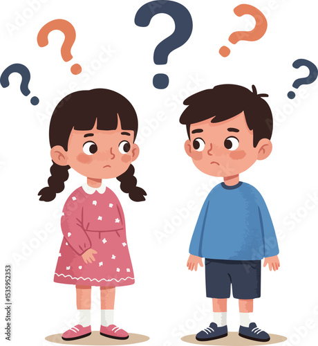 Confused cartoon boy and girl with question marks above heads vector illustration 