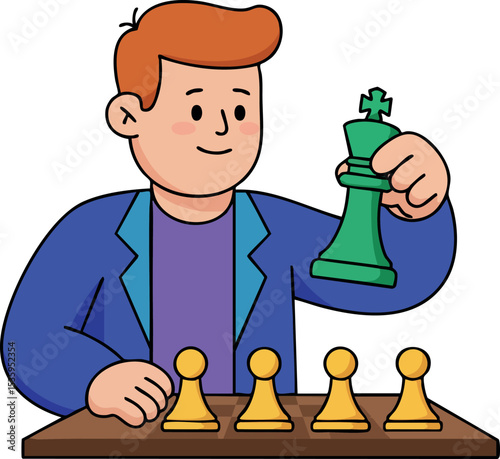 Boy playing chess holding green king piece learning strategy and critical thinking vector illustration 