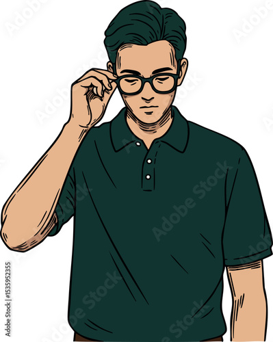 Young man adjusting glasses wearing dark green polo shirt vector illustration portrait style 
