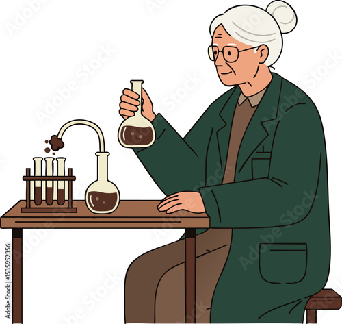 Elderly Female Scientist Conducting Chemistry Experiment in Laboratory Setting Vector Illustration 