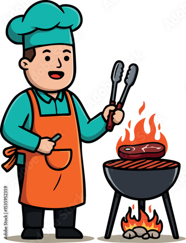 Chef cooking barbecue grilling meat on outdoor charcoal grill with fire vector illustration 