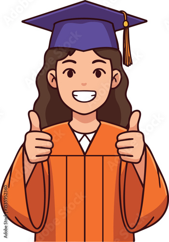 Female graduate student wearing purple cap and orange gown showing thumbs up vector illustration 