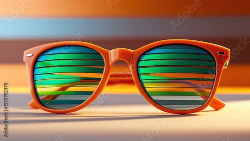 Orange Sunglasses with Colorful Striped Lenses Against a Warm Background