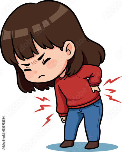 Woman Experiencing Lower Back Pain Illustration with Red Sweater and Blue Jeans Vector 