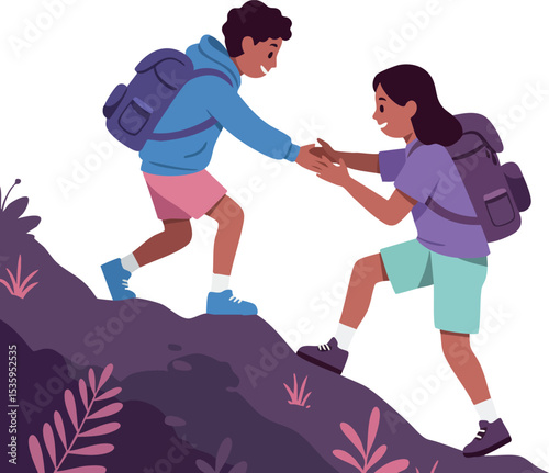 Children Hiking with Backpacks Helping Each Other on Mountain Trail Vector Illustration 