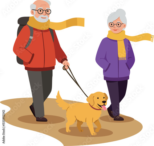 Elderly couple walking dog outdoors in autumn clothing with scarves vector illustration 