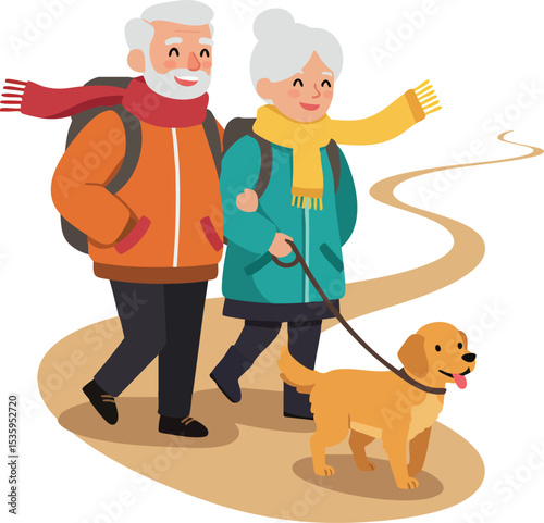 Elderly couple walking dog on path wearing winter scarves and jackets vector illustration 