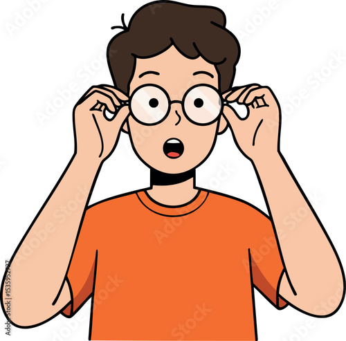 Boy adjusting glasses surprised expression orange shirt vector illustration 