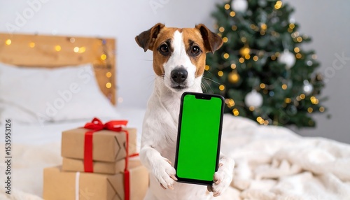 Dog holding a phone in front of a Christmas tree