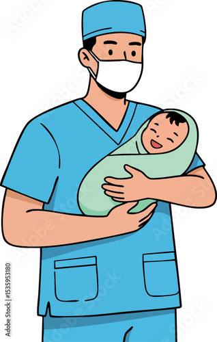 Male nurse holding newborn baby in hospital scrubs and mask vector illustration 