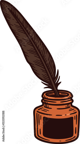 Vintage brown feather quill pen with ink bottle vector illustration classic writing tool 