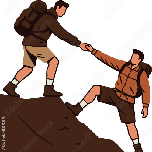 Two hikers helping each other climb mountain peak outdoor adventure teamwork support 