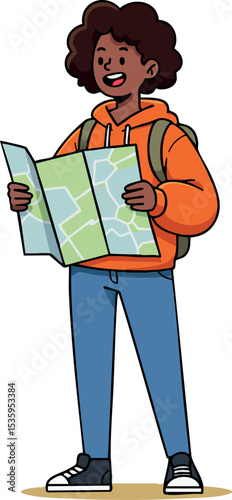 Young traveler holding map exploring with backpack in casual outfit vector illustration 