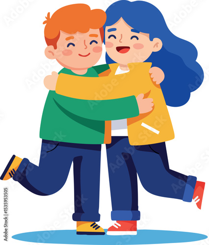 Happy children embracing each other in colorful clothes joyful friendship vector illustration 