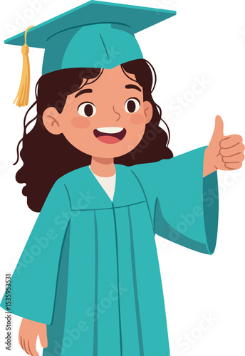Girl Graduation Cap Gown Celebrating Success with Thumbs Up Vector Illustration 