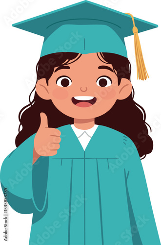 Female Graduate in Blue Cap and Gown Giving Thumbs Up Vector Illustration 