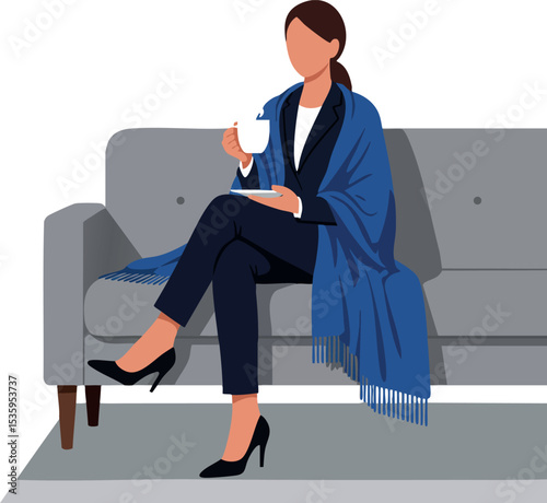 Woman wrapped in blue shawl sitting on gray sofa drinking coffee vector illustration 