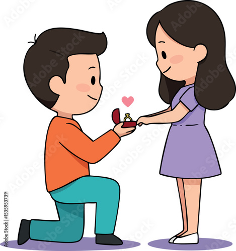 Man proposing marriage to woman with ring box romantic engagement moment vector 
