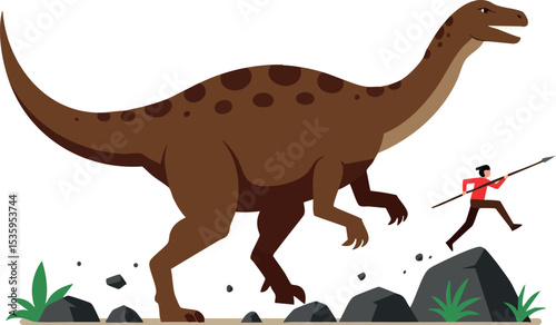 Dinosaur chasing human with spear prehistoric scene vector illustration 
